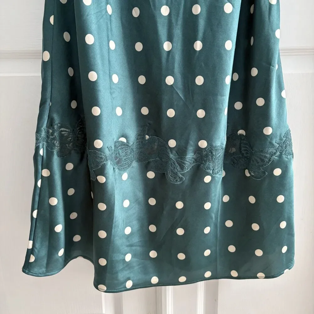 Free People Womens Butterfly Babe Polka Dot Sz Small Green Satin Maxi Dress EUC